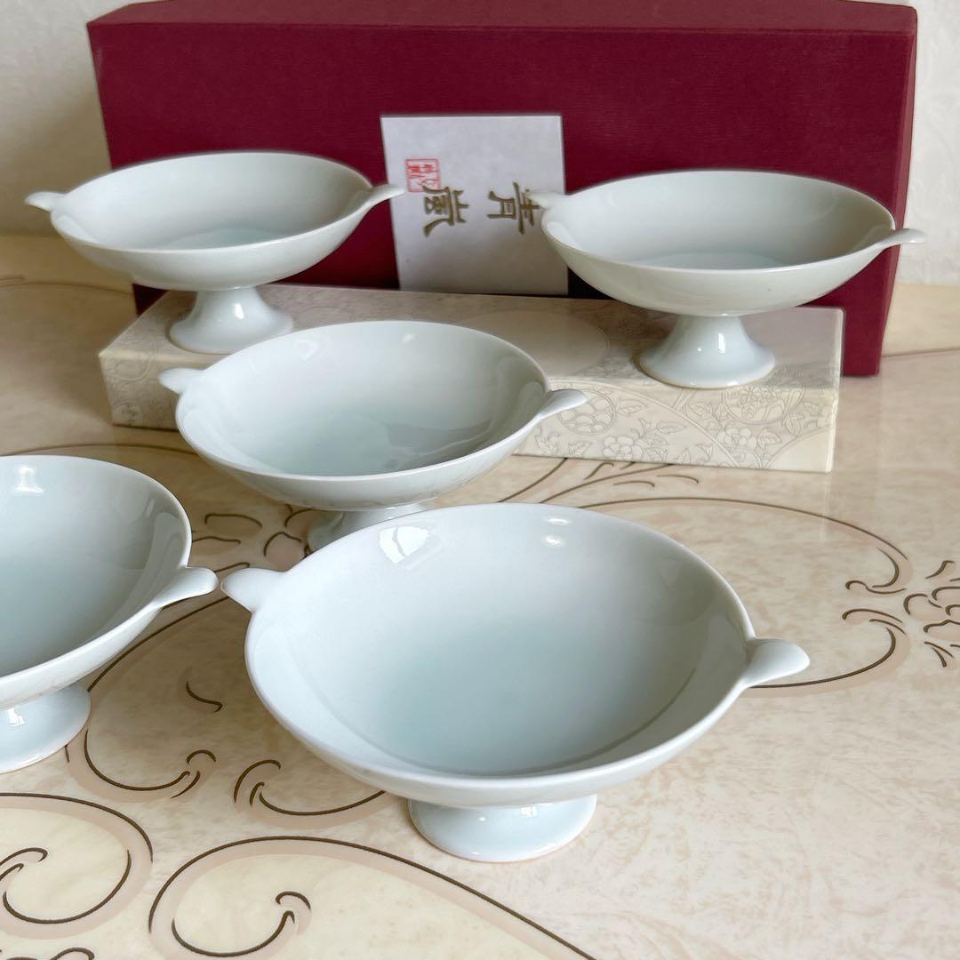 たち吉　青白磁　高台小鉢揃　5枚セット　高台皿　コンポート　足付き　デザート鉢