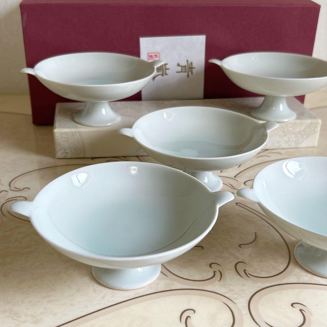 たち吉　青白磁　高台小鉢揃　5枚セット　高台皿　コンポート　足付き　デザート鉢