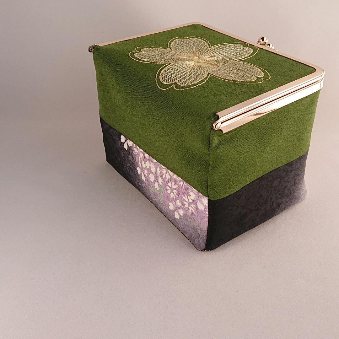ご予約    京友禅 豪華金糸刺繍 ボックスがま口(鶯色)