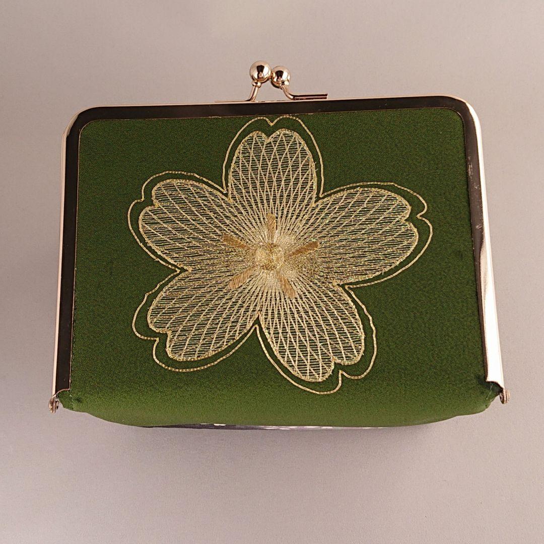 ご予約    京友禅 豪華金糸刺繍 ボックスがま口(鶯色)