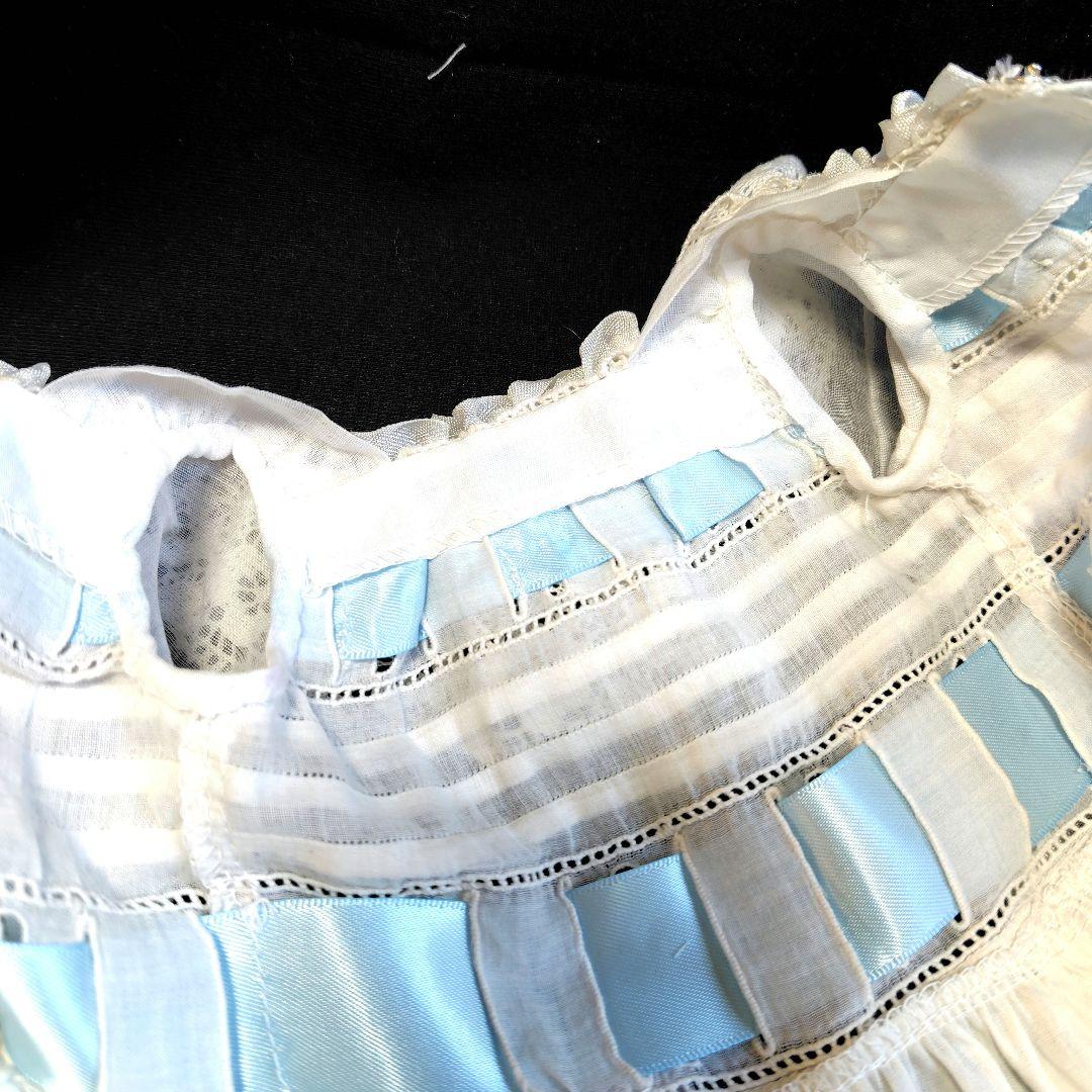 最終価格38cm位のアンティークドール用ドレスとボネ　アンティークレース使用