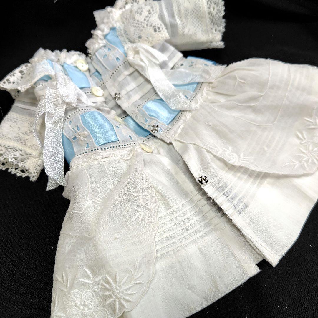 最終価格38cm位のアンティークドール用ドレスとボネ　アンティークレース使用