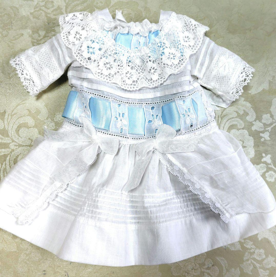 最終価格38cm位のアンティークドール用ドレスとボネ　アンティークレース使用