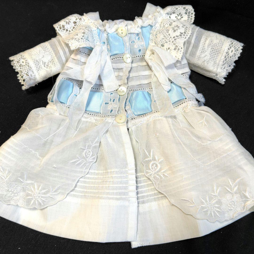 最終価格38cm位のアンティークドール用ドレスとボネ　アンティークレース使用