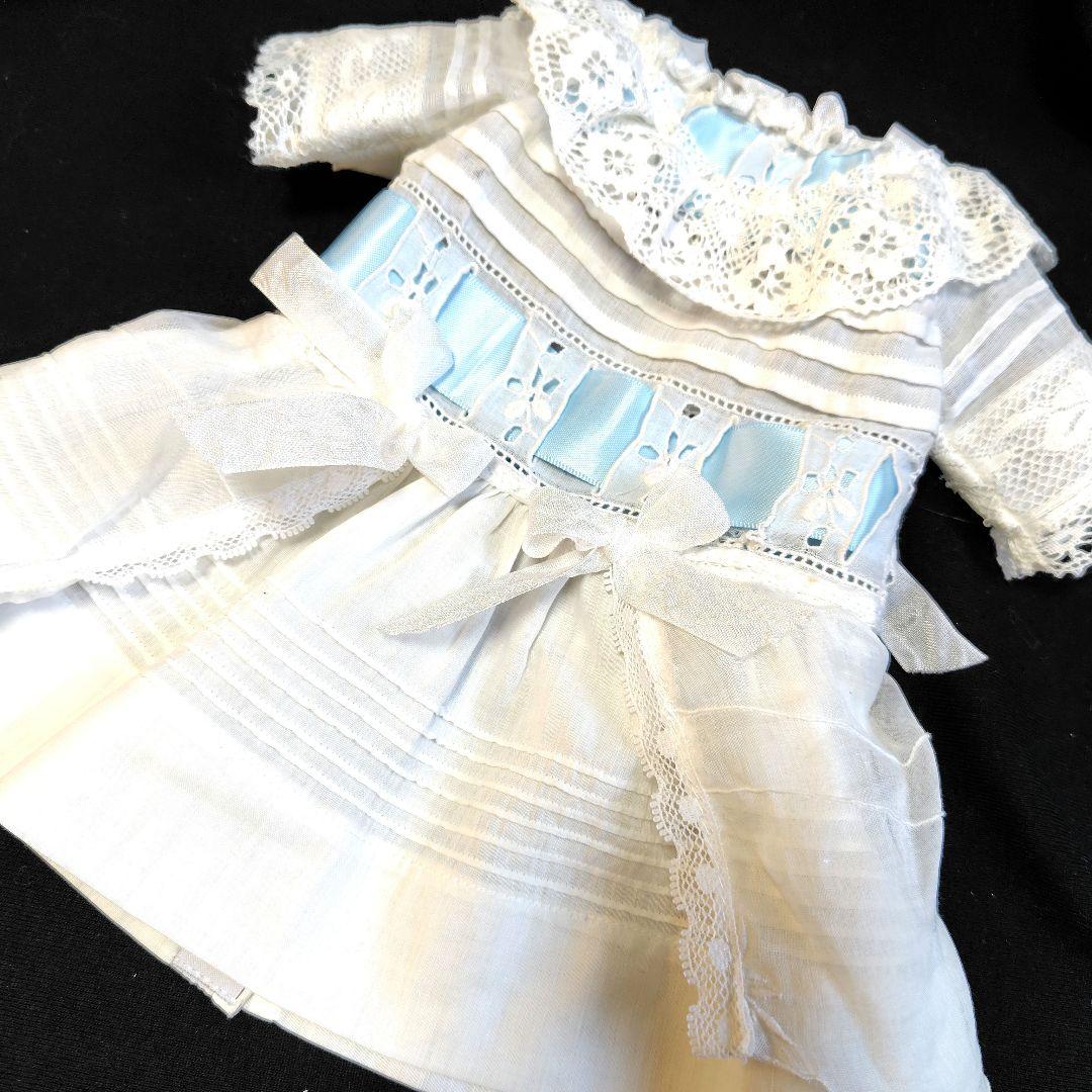 最終価格38cm位のアンティークドール用ドレスとボネ　アンティークレース使用