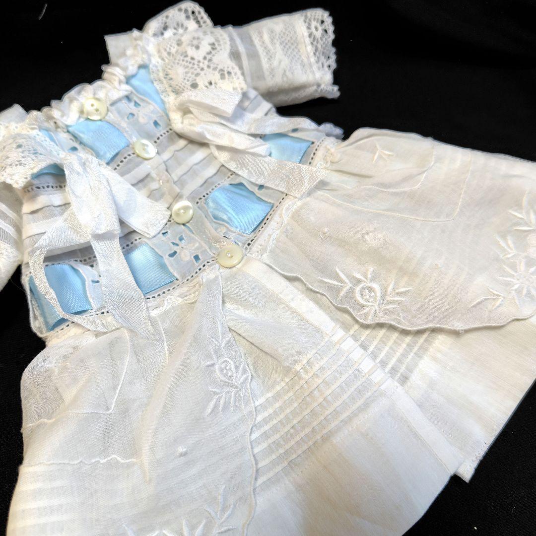 最終価格38cm位のアンティークドール用ドレスとボネ　アンティークレース使用