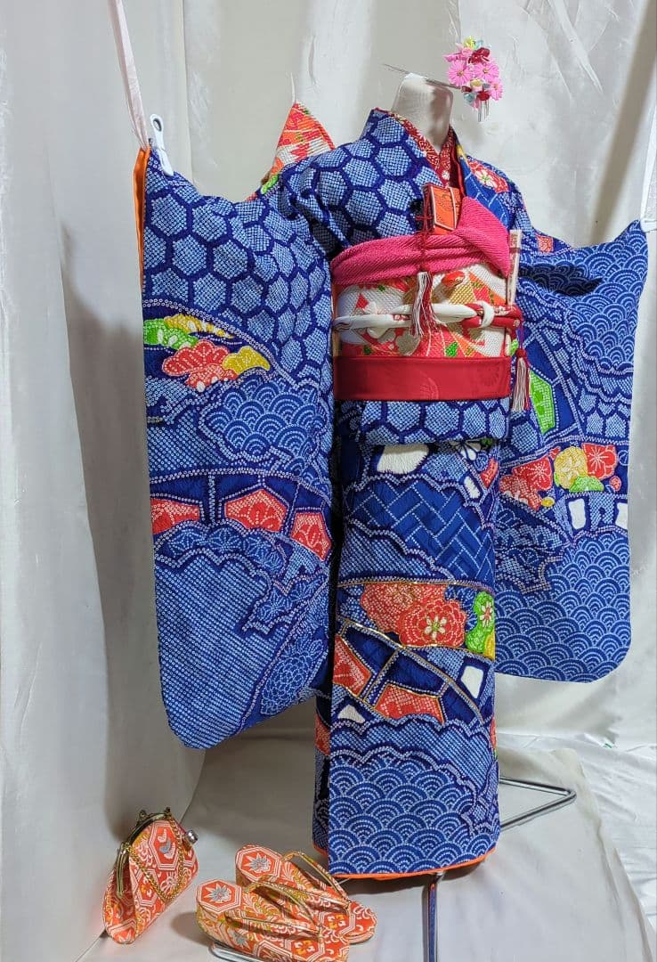 七五三７歳　女の子 四つ身　化繊　総絞り着物セット