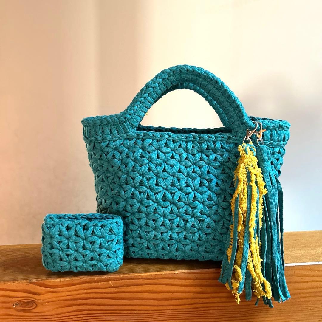 MIKU様♡青緑×ribbonxl ズパゲッティ マルシェバッグ　青緑　大きめ