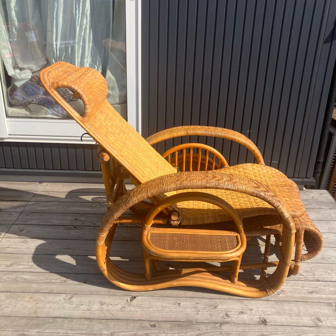 昭和レトロ ラタンリクライニングチェア オットマン付き 1人掛けソファー 古家具