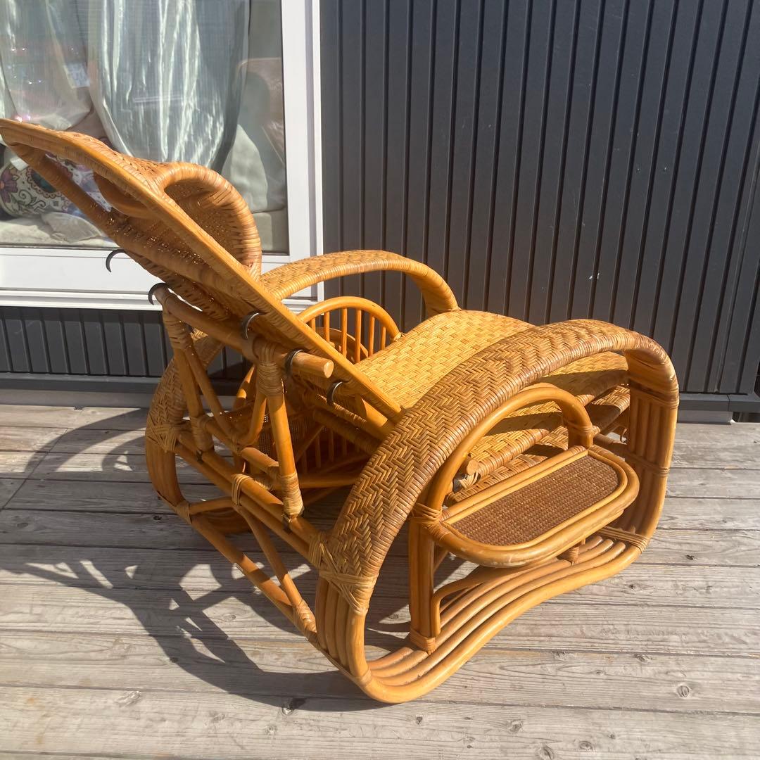 昭和レトロ ラタンリクライニングチェア オットマン付き 1人掛けソファー 古家具