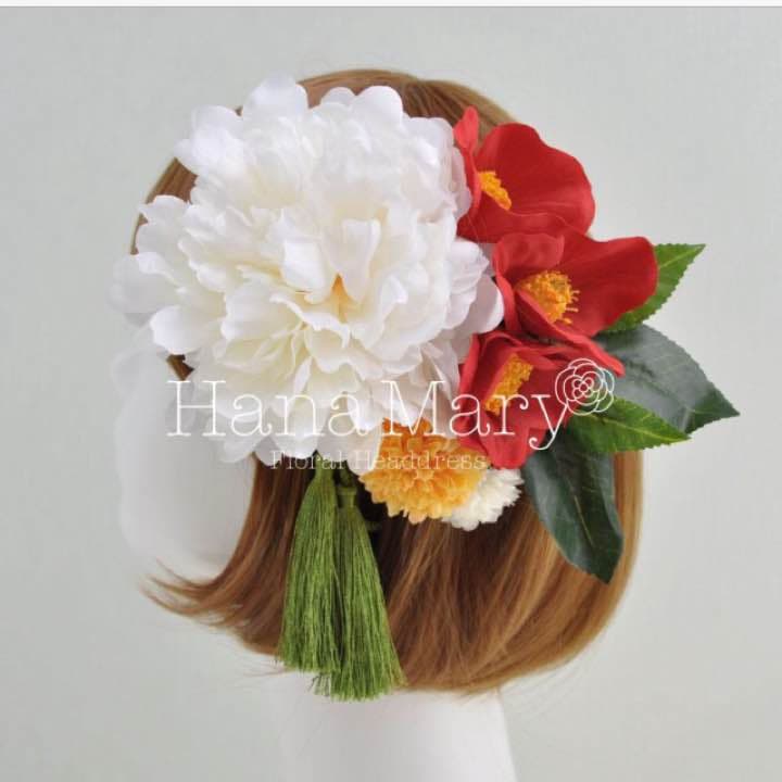 椿とピオニーの髪飾り