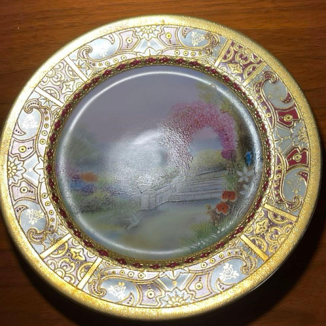 オールドノリタケ マルキ印　金盛り　風景花鳥文皿 里帰り　アンティーク