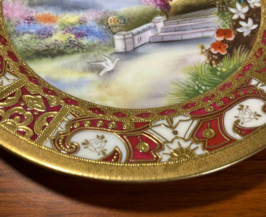 オールドノリタケ マルキ印　金盛り　風景花鳥文皿 里帰り　アンティーク