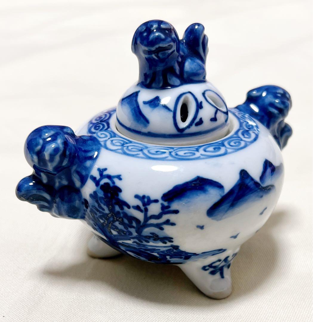 高橋道八作　染付山水図　獅子蓋　獅子耳　三足香炉　香道具　茶道具　アンティーク