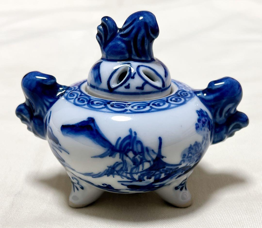 高橋道八作　染付山水図　獅子蓋　獅子耳　三足香炉　香道具　茶道具　アンティーク