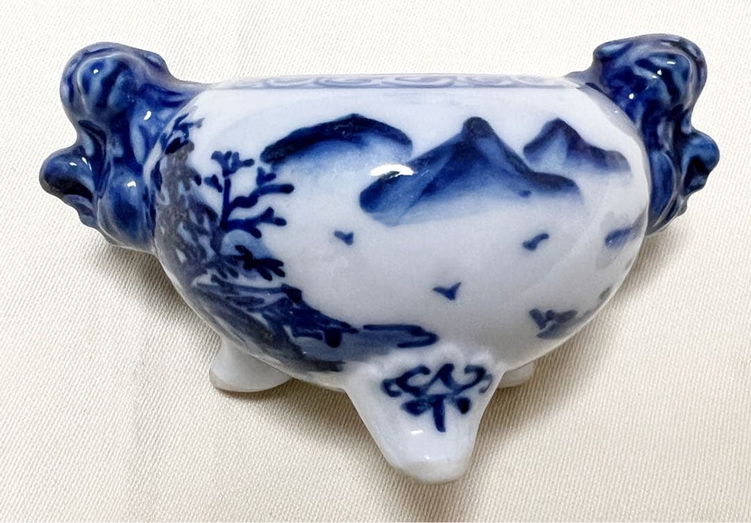 高橋道八作　染付山水図　獅子蓋　獅子耳　三足香炉　香道具　茶道具　アンティーク