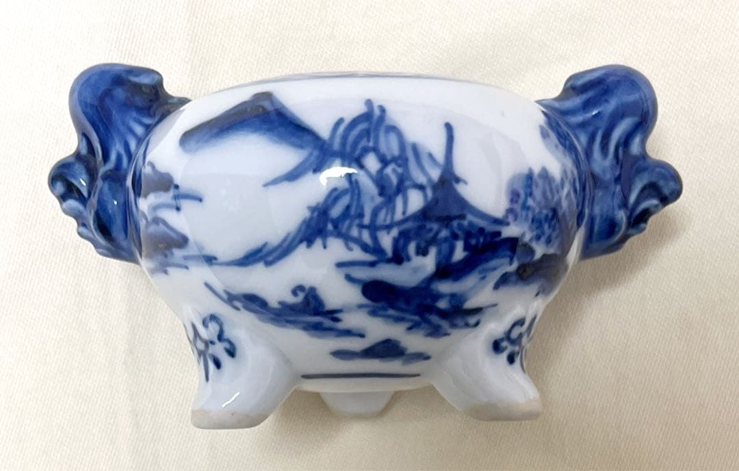 高橋道八作　染付山水図　獅子蓋　獅子耳　三足香炉　香道具　茶道具　アンティーク