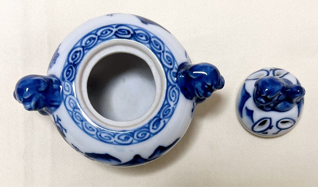 高橋道八作　染付山水図　獅子蓋　獅子耳　三足香炉　香道具　茶道具　アンティーク