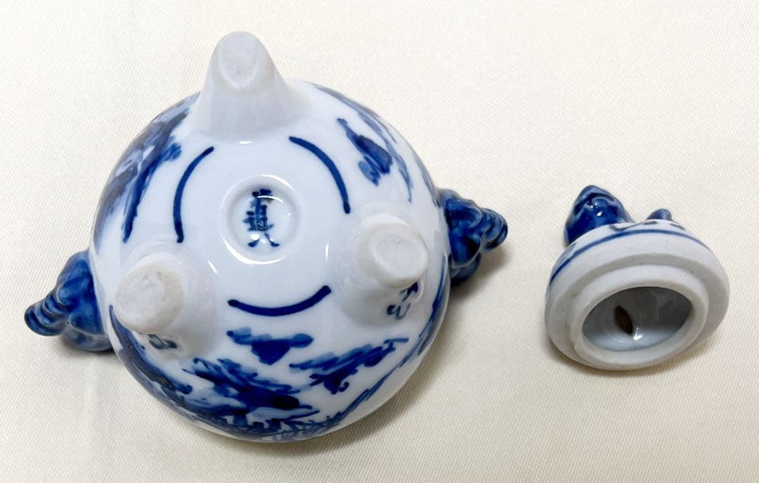 高橋道八作　染付山水図　獅子蓋　獅子耳　三足香炉　香道具　茶道具　アンティーク