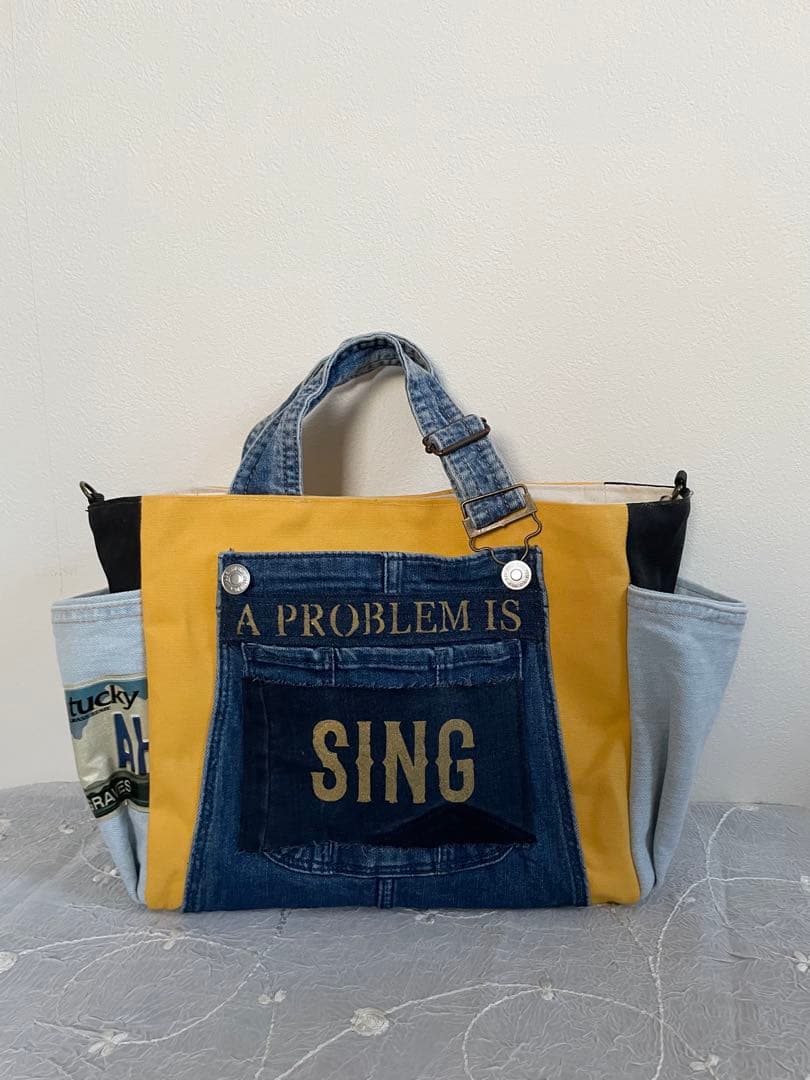 デニムリメイク2wayバッグ　トートバッグ　サイドポケット　Dカン付き