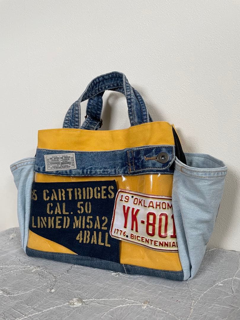 デニムリメイク2wayバッグ　トートバッグ　サイドポケット　Dカン付き