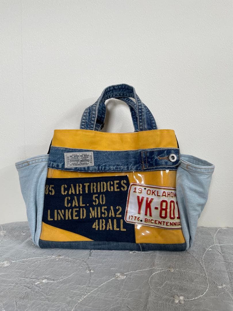 デニムリメイク2wayバッグ　トートバッグ　サイドポケット　Dカン付き