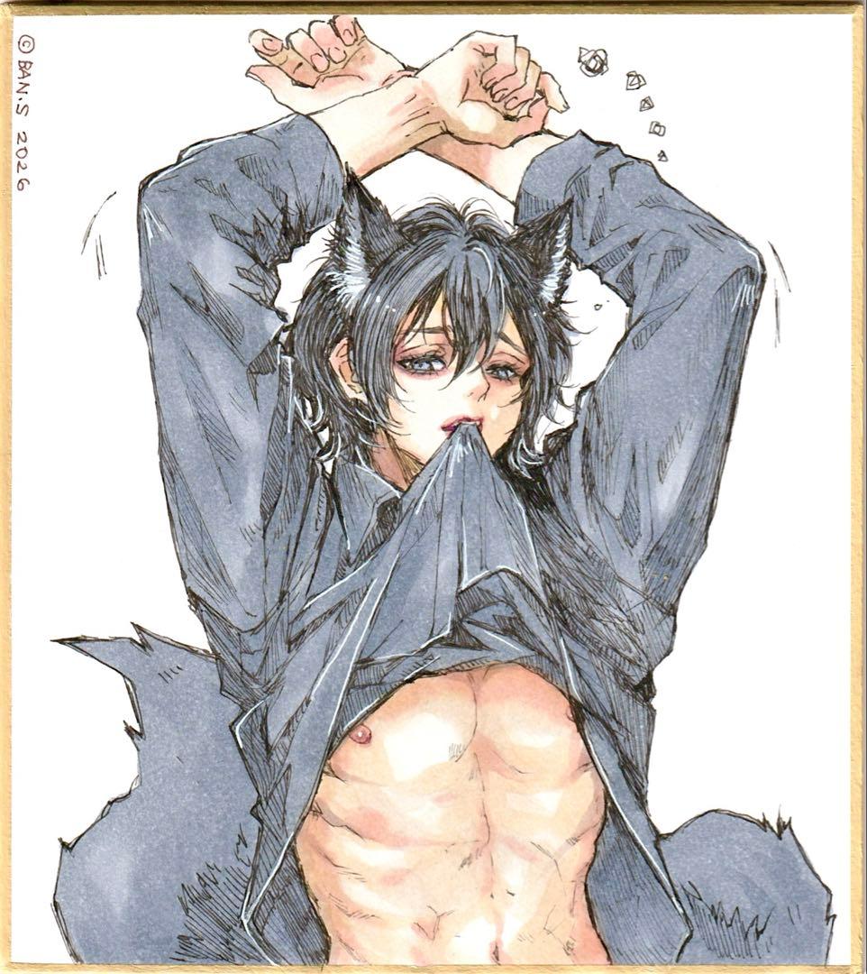 手描きイラスト オリジナル ミニ色紙 原画 黒狼 擬人化 男の子 ver.2