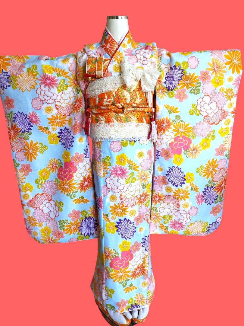 専用です☆薄いブルーの着物と作り帯フルセット☆七五三などに