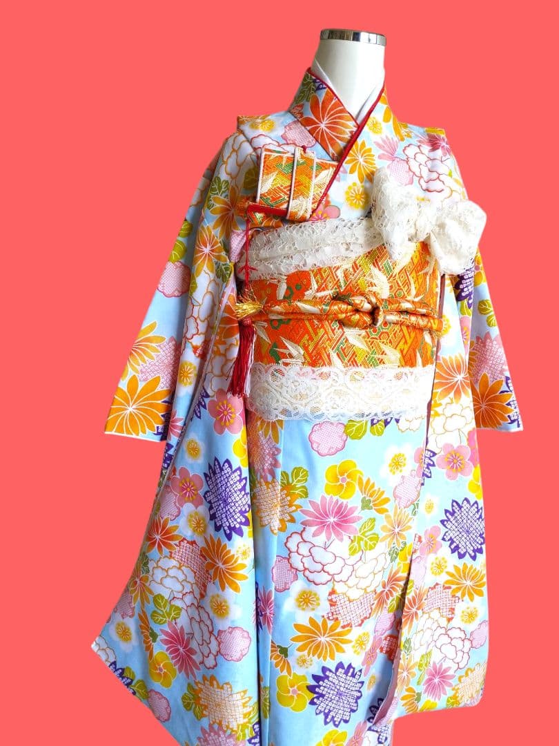 専用です☆薄いブルーの着物と作り帯フルセット☆七五三などに