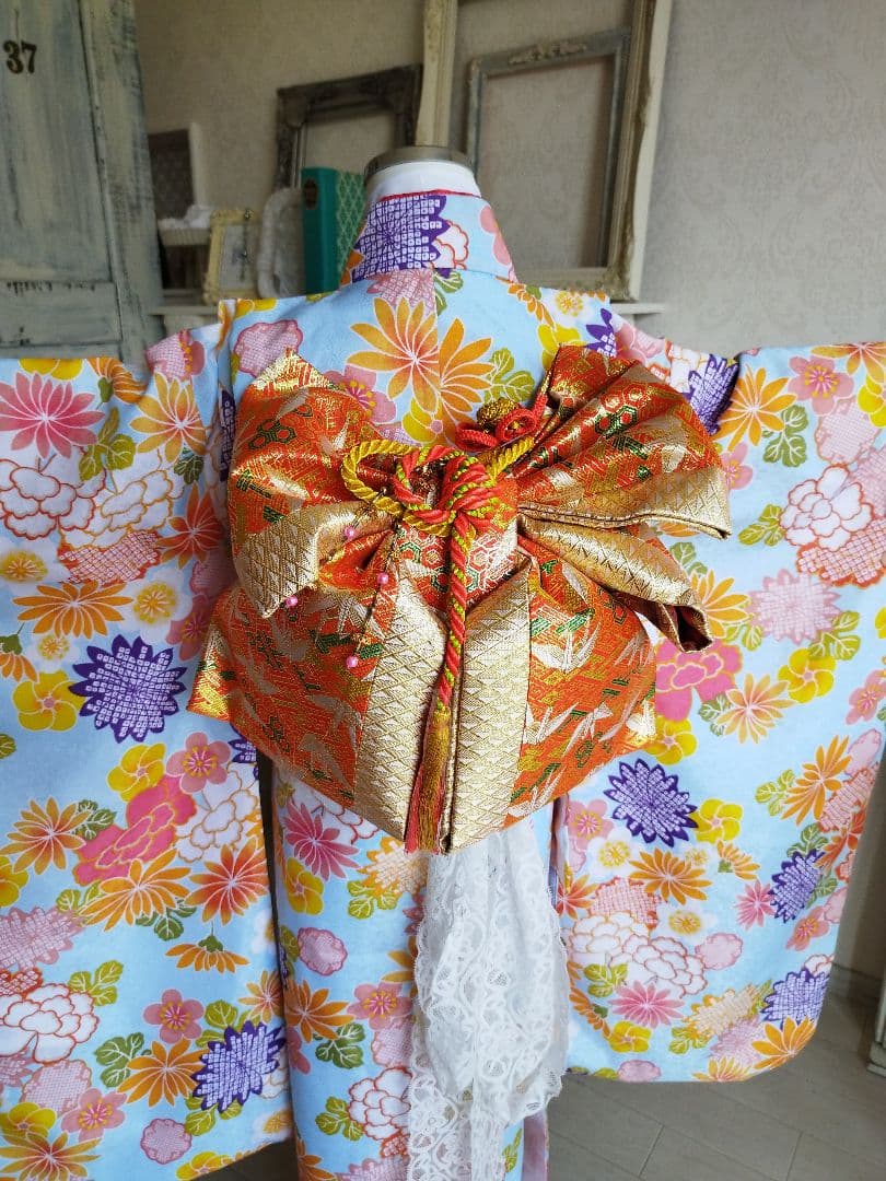 専用です☆薄いブルーの着物と作り帯フルセット☆七五三などに