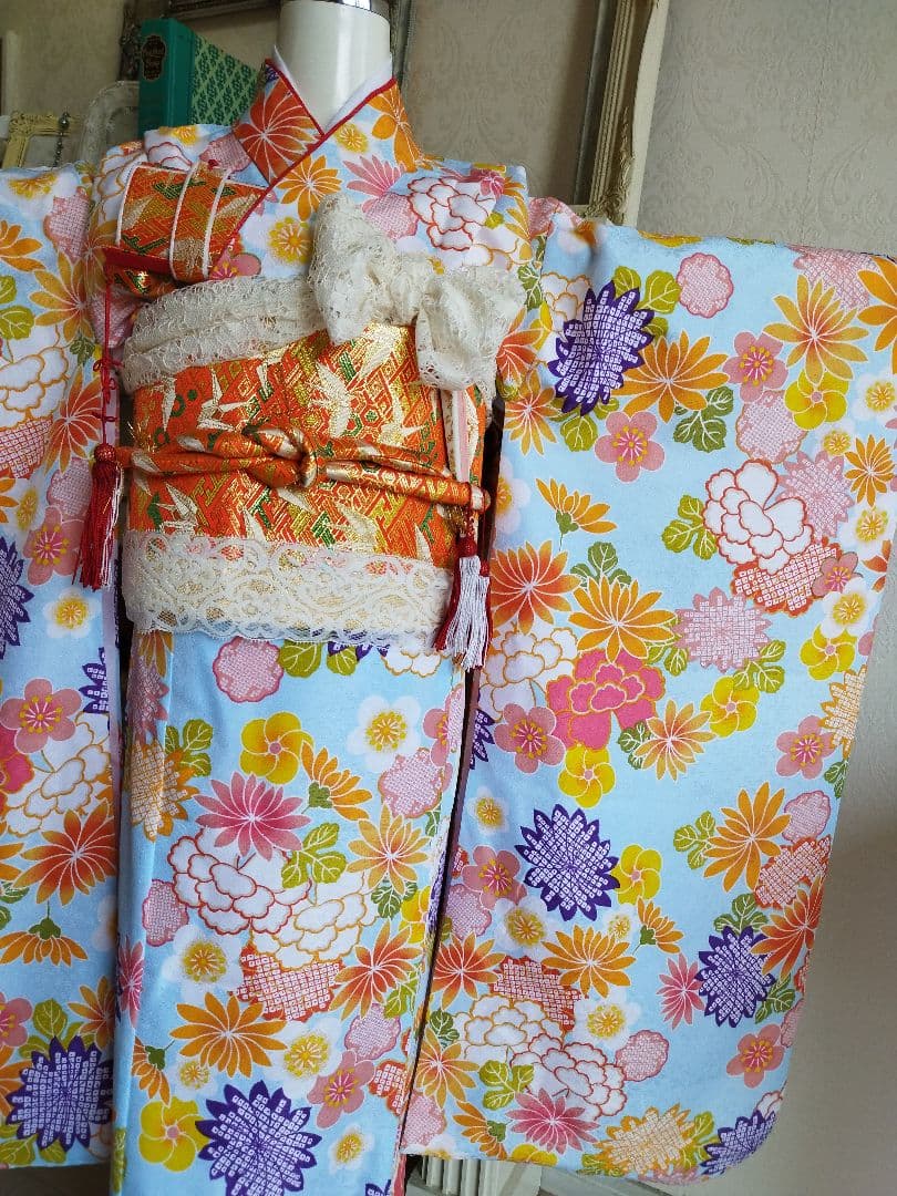 専用です☆薄いブルーの着物と作り帯フルセット☆七五三などに