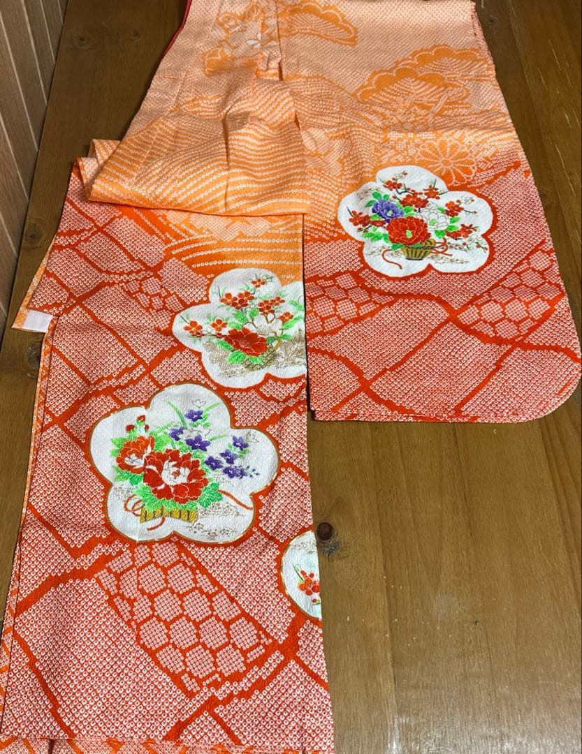 七五三　7歳　着物セット　豪華総絞り風柄　 長襦袢、袋帯、小物セット18ー11