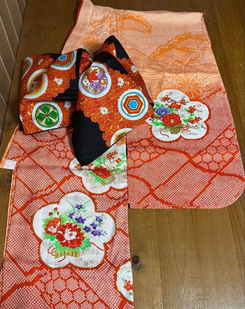 七五三　7歳　着物セット　豪華総絞り風柄　 長襦袢、袋帯、小物セット18ー11