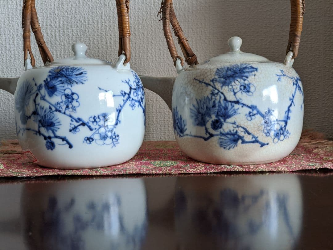 ⭐染付 松葉梅花文様 銚子1対 京焼 真葛焼 宮川香齋作 明治時代の骨董品