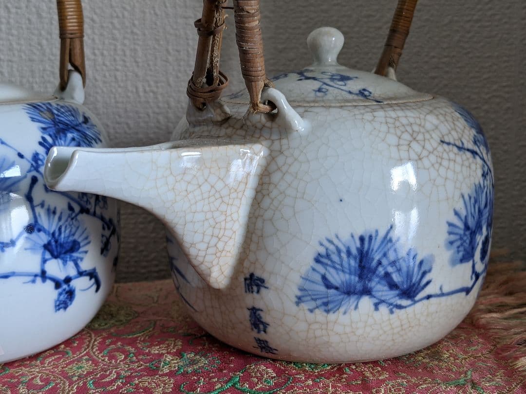 ⭐染付 松葉梅花文様 銚子1対 京焼 真葛焼 宮川香齋作 明治時代の骨董品