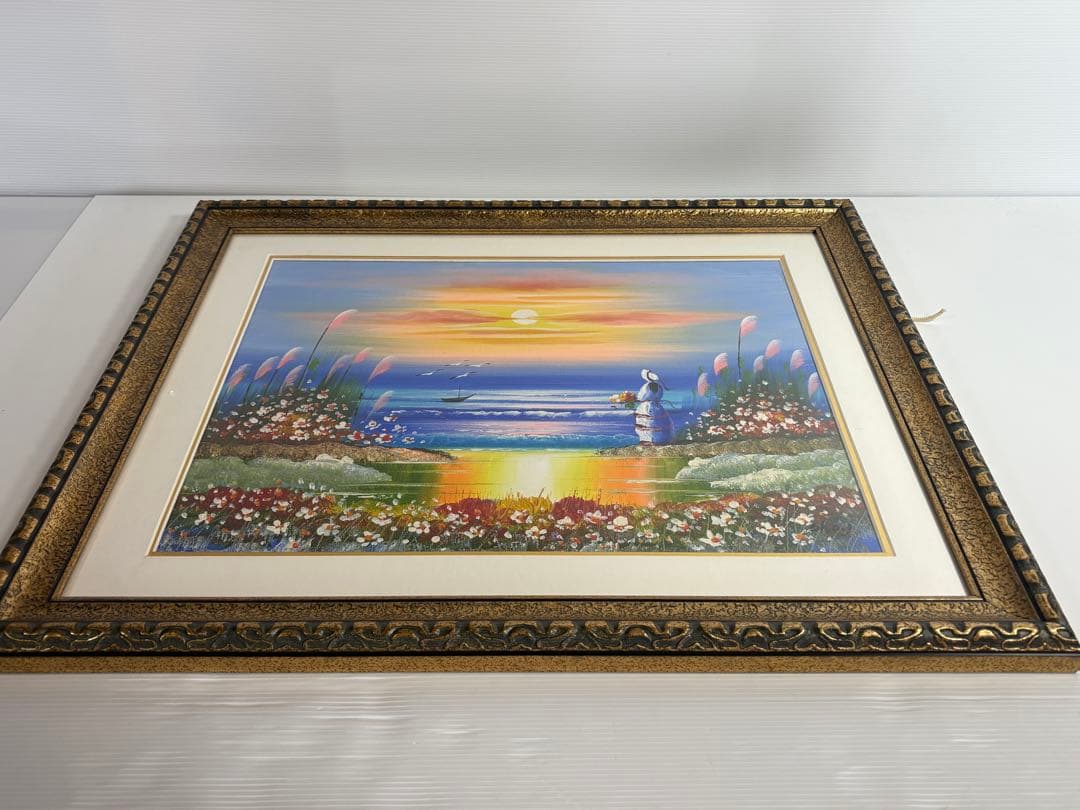 幸せを呼ぶ少女 幸運 海辺 油彩 額装 51.6×60.5cm 風水画 サイン