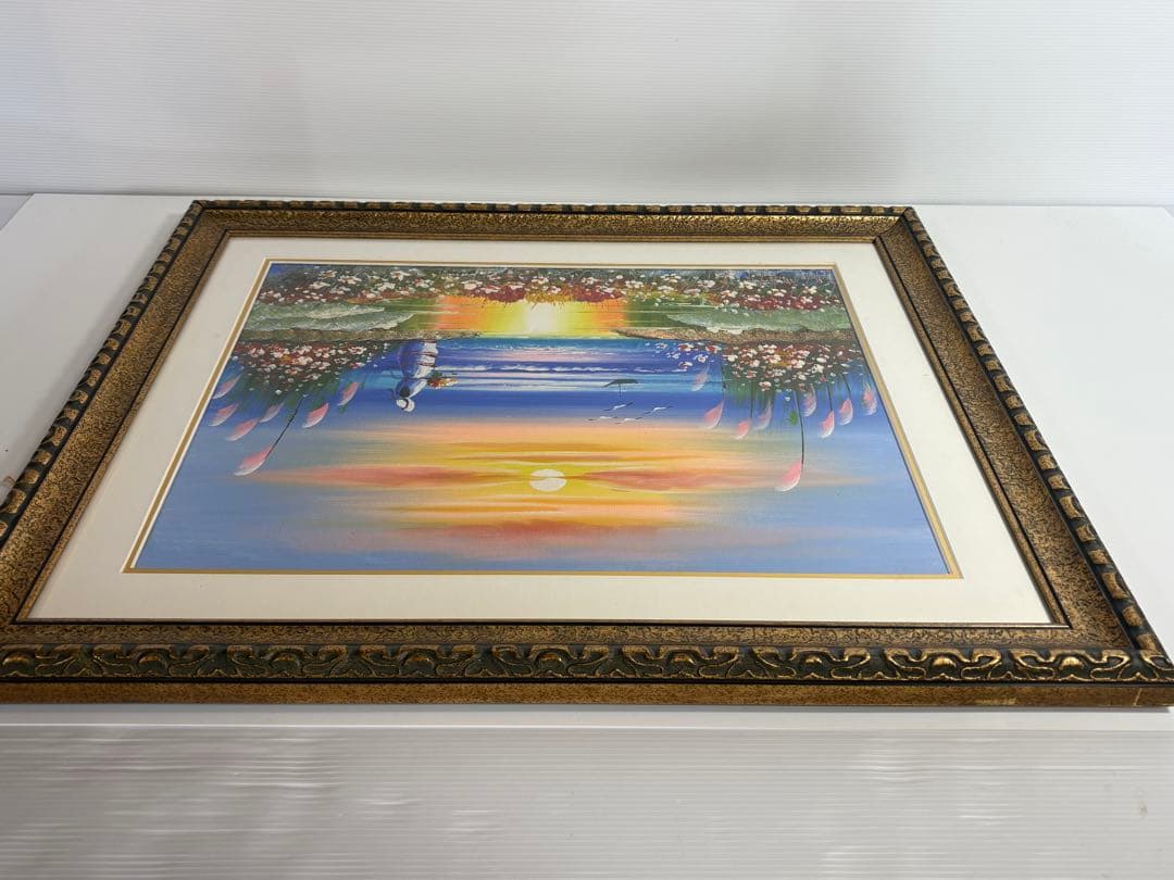 幸せを呼ぶ少女 幸運 海辺 油彩 額装 51.6×60.5cm 風水画 サイン