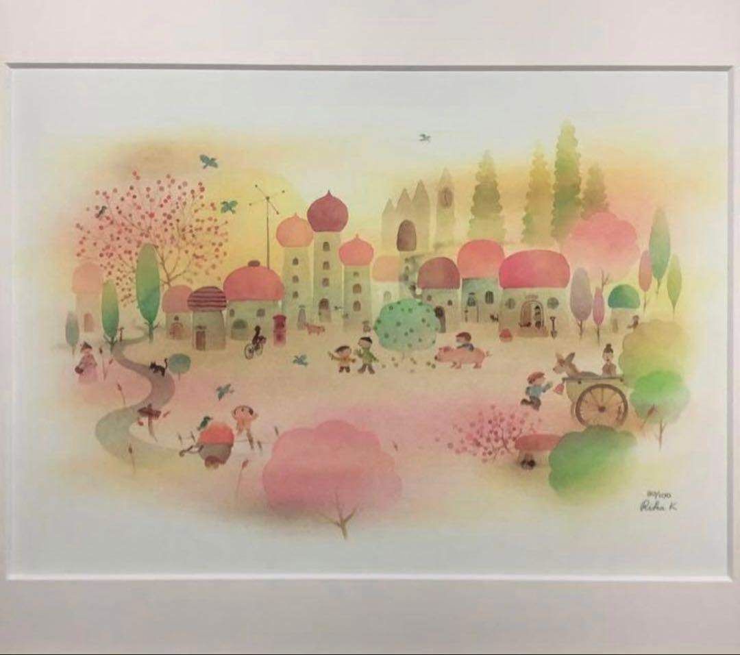 絵画・額縁・版画・上砂理佳・あんず色の村・ピグメントプリント版画・可愛い・美術品