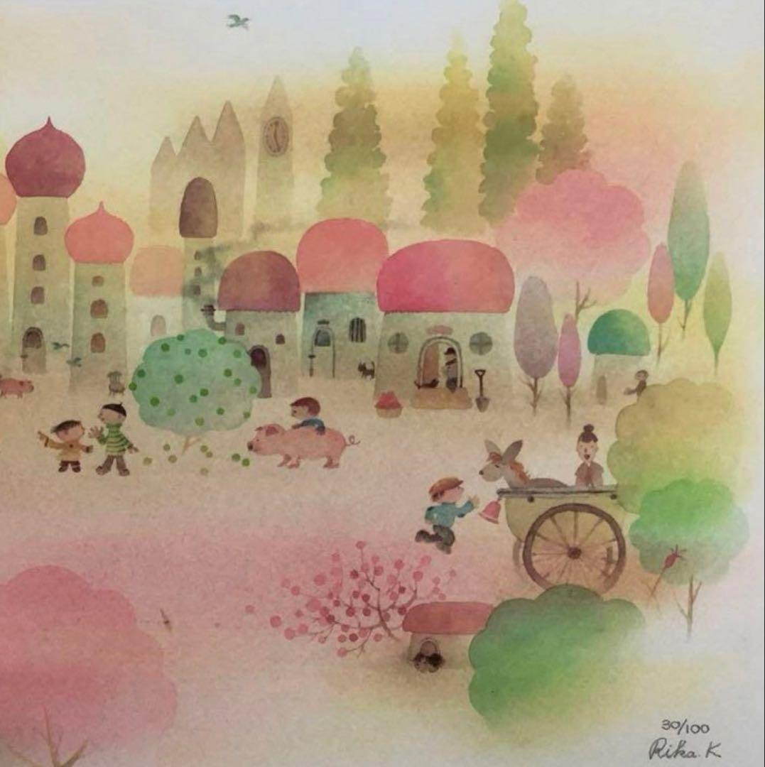 絵画・額縁・版画・上砂理佳・あんず色の村・ピグメントプリント版画・可愛い・美術品