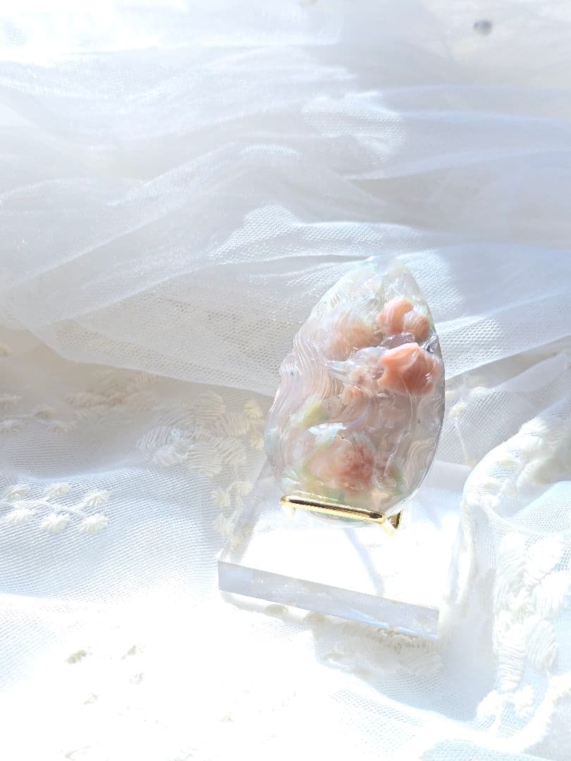 チェリーブロッサムアゲート グリーン桜瑪瑙 手彫り 九尾 天然石 一点物