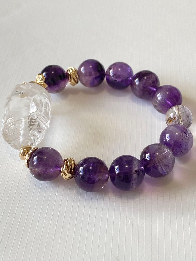 [お値下げ]水晶ガネーシャ彫り×アメジストエレスチャルデザインブレスレット