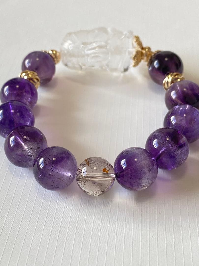 [お値下げ]水晶ガネーシャ彫り×アメジストエレスチャルデザインブレスレット