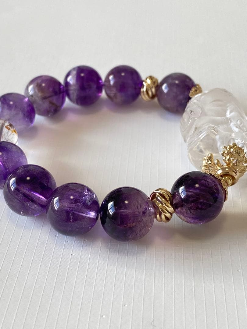 [お値下げ]水晶ガネーシャ彫り×アメジストエレスチャルデザインブレスレット