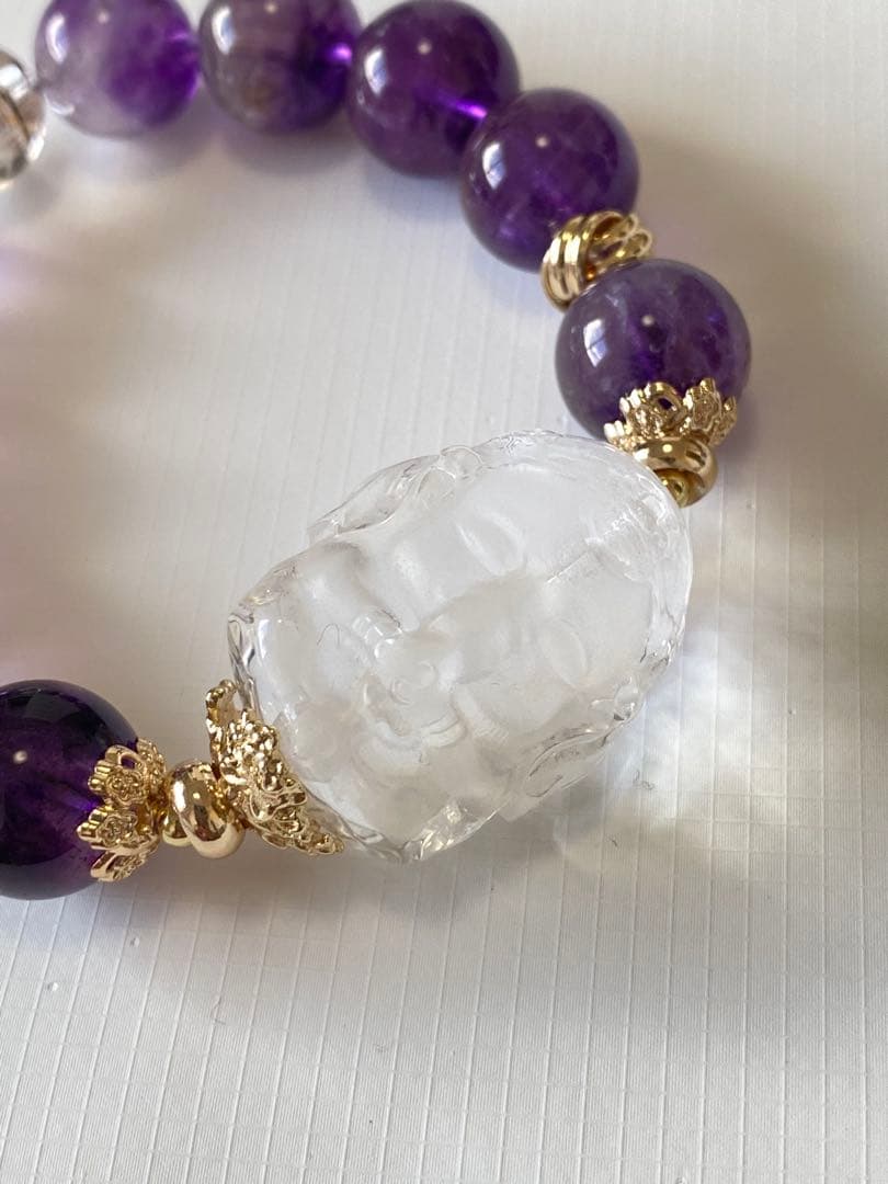 [お値下げ]水晶ガネーシャ彫り×アメジストエレスチャルデザインブレスレット