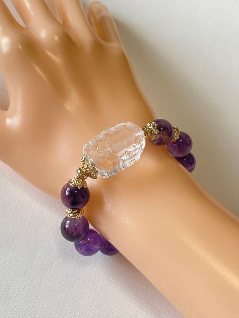 [お値下げ]水晶ガネーシャ彫り×アメジストエレスチャルデザインブレスレット