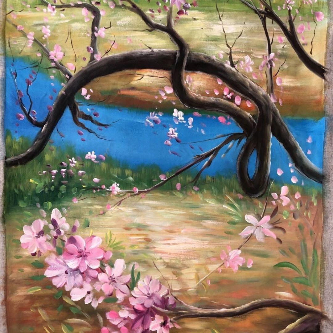 周春芽 桃花 図 純手描き 油画 中国現代絵画 約100×70cm 未表装