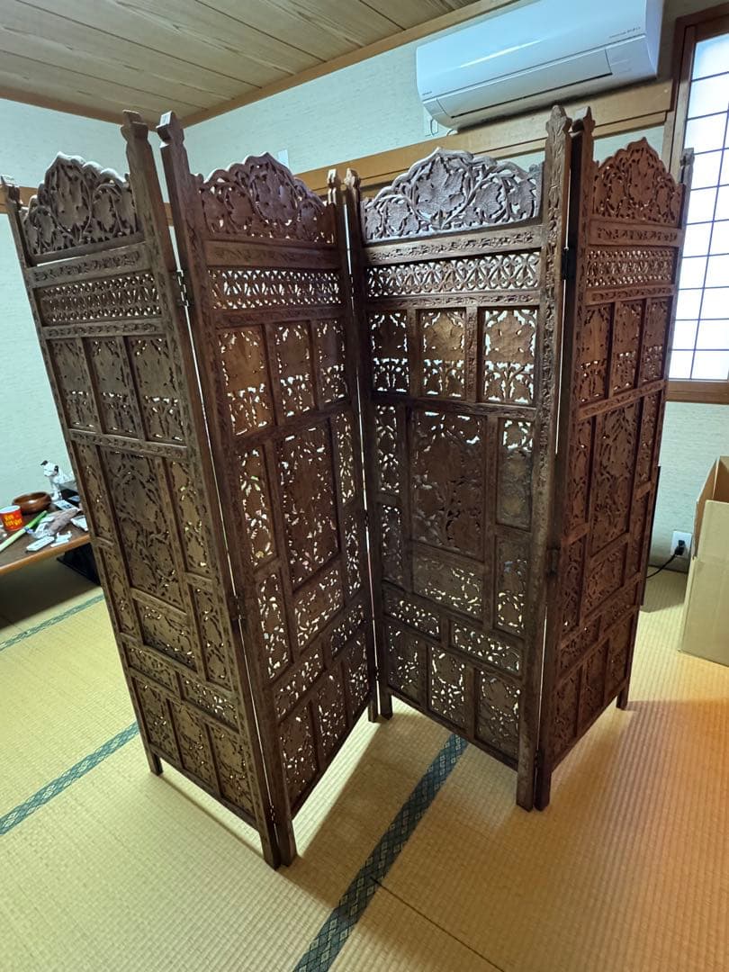 アジアン家具　4連パーテーション　衝立　透かし　アンティーク