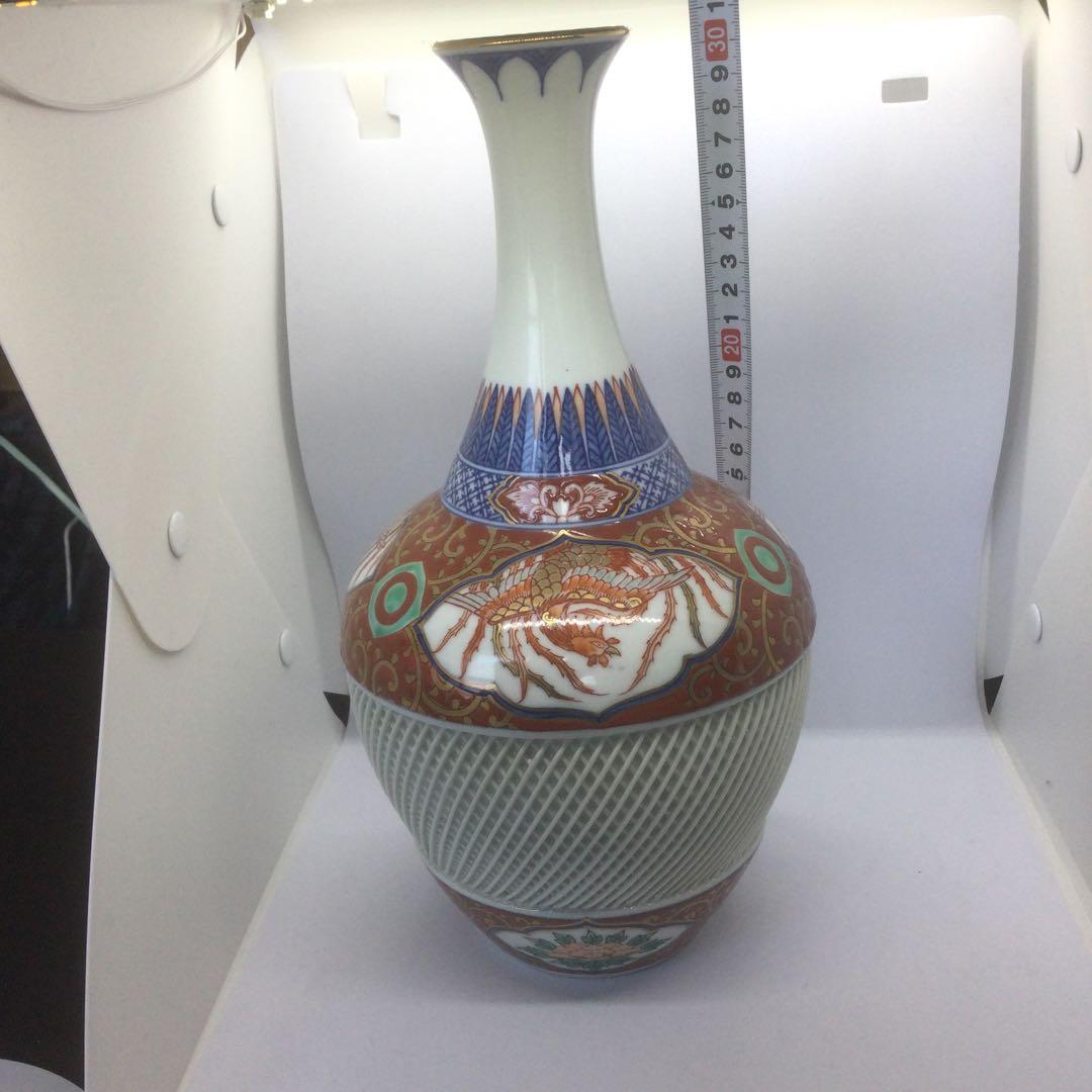 【HMZ120】有田焼　桃司作　花瓶　赤　透かし網目　長期保管品