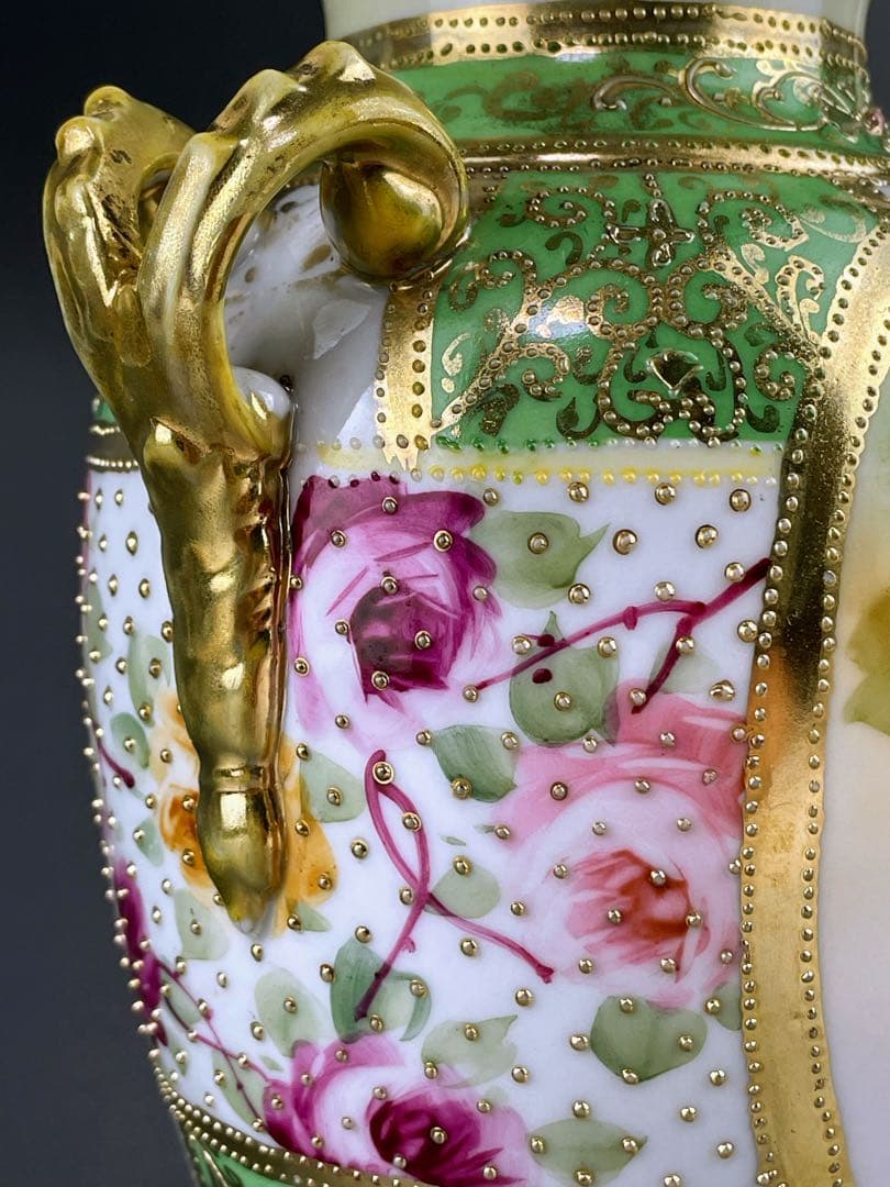 【希少】オールドノリタケ 薔薇紋 ジュエル 金点盛り ビーディング 花瓶