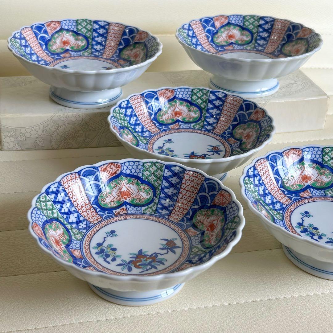 有田焼　賞美堂　其泉窯　古伊万里　高台小鉢揃　5枚セット　色絵　コンポート　菊割